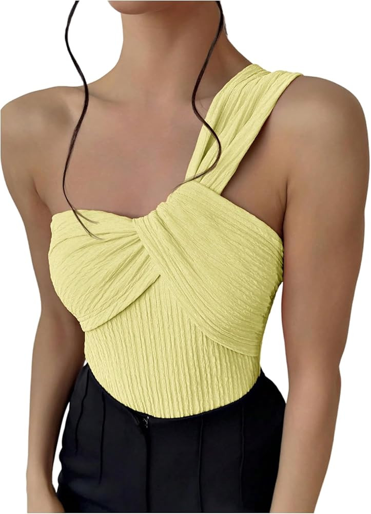 OYOANGLE Women's Textured One Shoulder Going Out Bodysuit Tops Twist Front Ruched Sleeveless Tank... | Amazon (US)