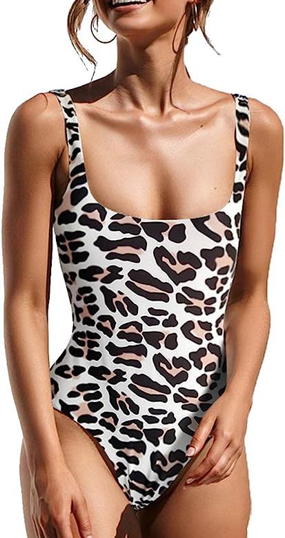 Womens Low Cut Square Neck Snake Leopard Printed Monokini Swimwear One Piece Swimsuits | Amazon (US)