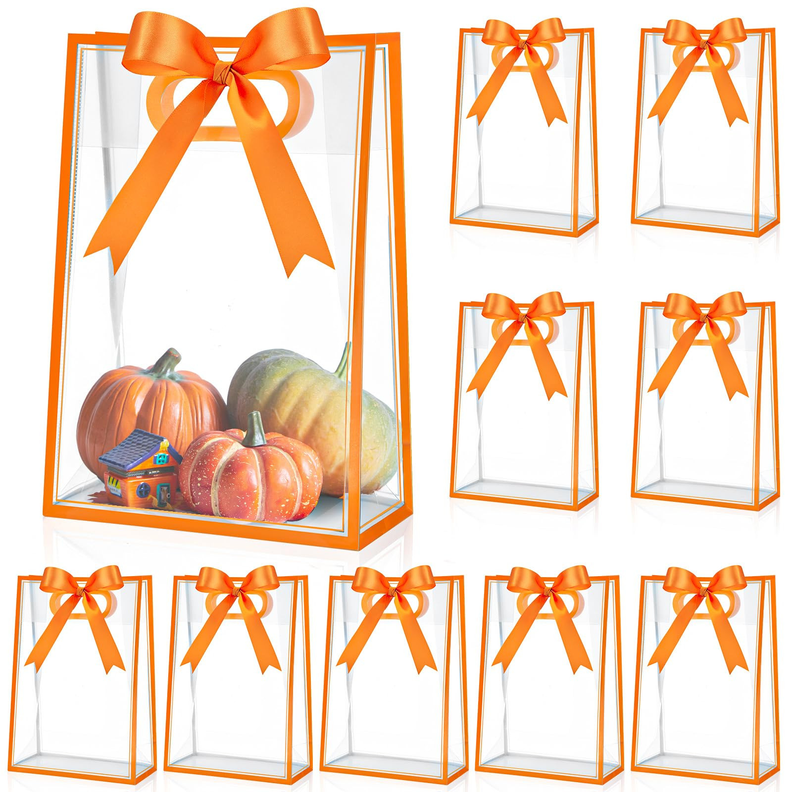 Aliceset 12 Pcs Clear Plastic Gift Bag with Die Cut Handles Reusable PP Favor Bag with Ribbon for Fall Halloween Wedding Bridal Birthday Baby Shower Party Small Business, 7x10x3.15 Inch(Orange) | Amazon (US)