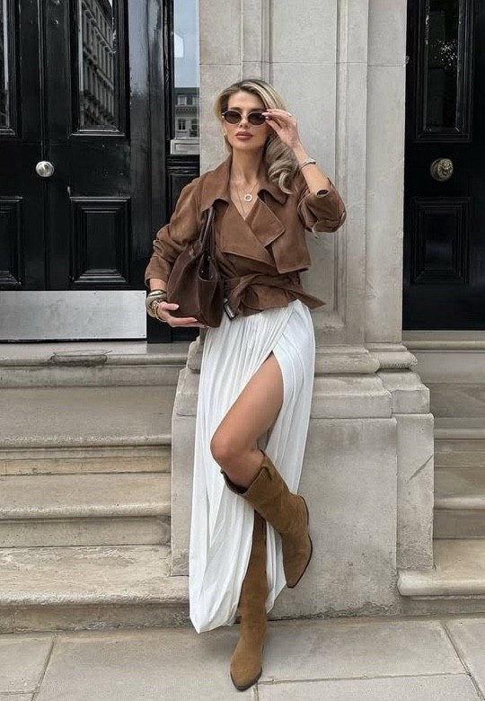 Brown suede trench jacket 

White maxi skirt 

Khaki suede knee high boots 

Brown suede bag 

#LTKHoliday #LTKPetite #LTKStyleTip