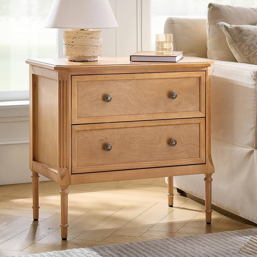 HULALA HOME Solid Wood End Table with Charging Station, Mid-Century Modern End Table with 2 Drawe... | Amazon (US)