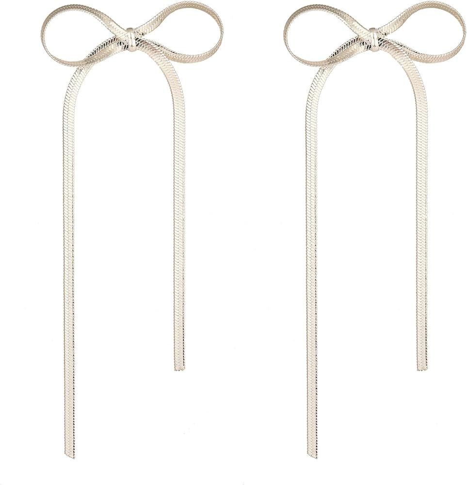 Bow Earrings for Women Gold Silver Bow Dangle Drop Earrings Long Tassel Chain Bow Knot Statement ... | Amazon (US)
