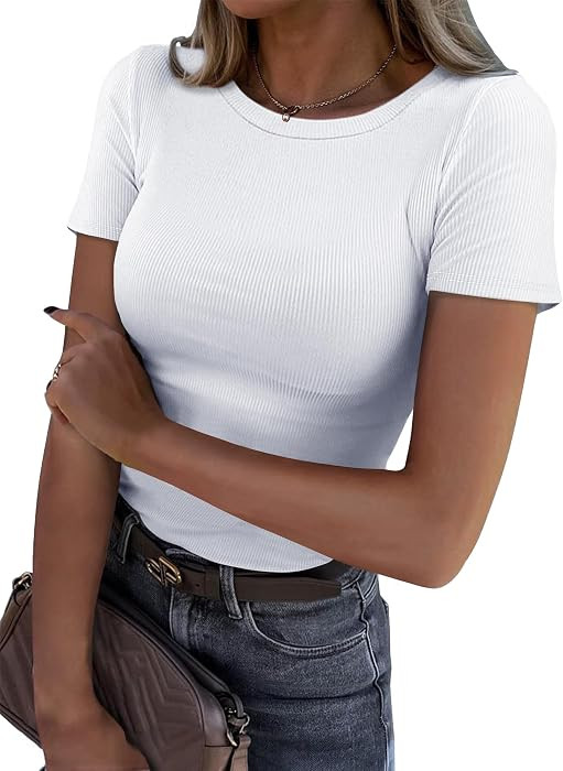 Roselux Women Crew Neck Ribbed Fitted Tight Tshirt Short Sleeve Shirt Basic Knit Top | Amazon (US)