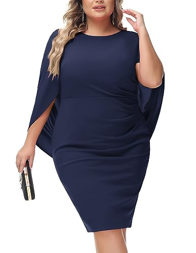 Hanna Nikole Plus Size Dresses for Women Wedding Guest Chiffon Overlay Funeral Bodycon Dress Navy Blue 20 Plus | Amazon (US)