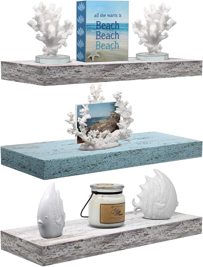 Sorbus Floating Shelf Set - Rustic Wood Coastal Beach Style Hanging Rectangle Wall Shelves for Ho... | Amazon (US)