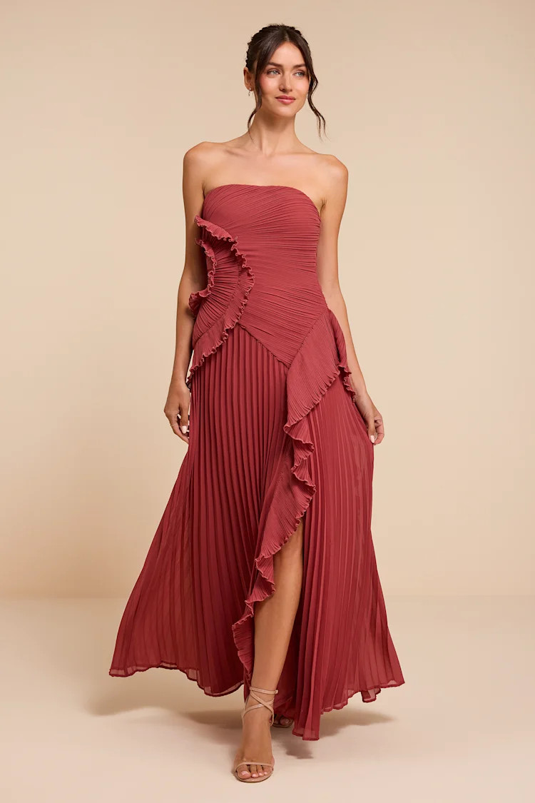 Brylee Rusty Rose Pleated Ruffled Maxi Dress | Lulus