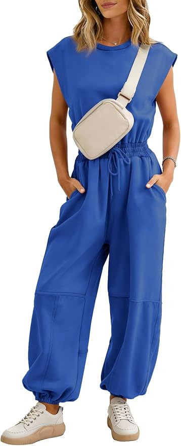 Flygo Womens Casual Jumpsuit Crewneck Cap Sleeve Long Wide Leg Pants One Piece Outfits Drawstring... | Amazon (US)