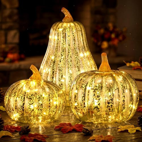 Huquary 3 Pack Fall Glass Pumpkin with Light for Tabletop Decor,Gold | Amazon (US)