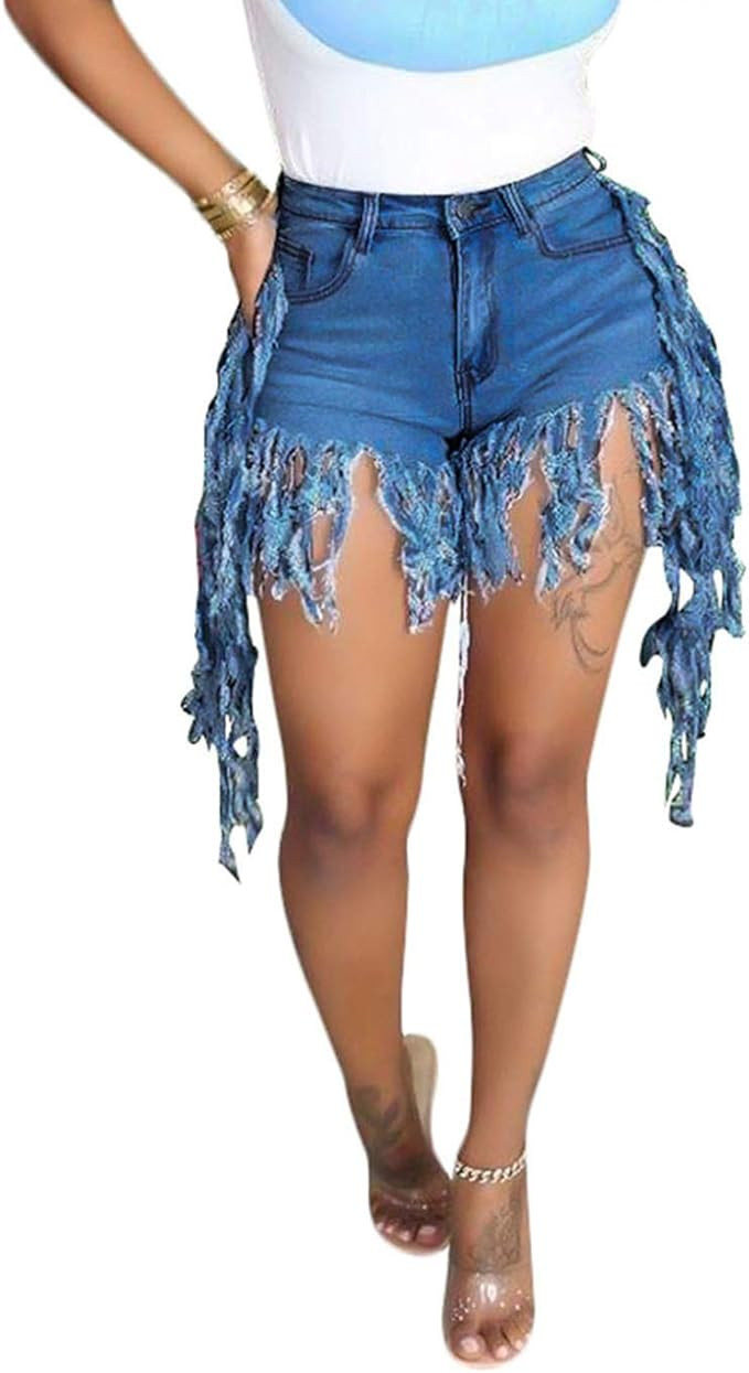 SIAEAMRG Jean Shorts for Women Juniors, Summer High Waisted Stretchy Frayed Raw Hem Tassels Denim... | Amazon (US)