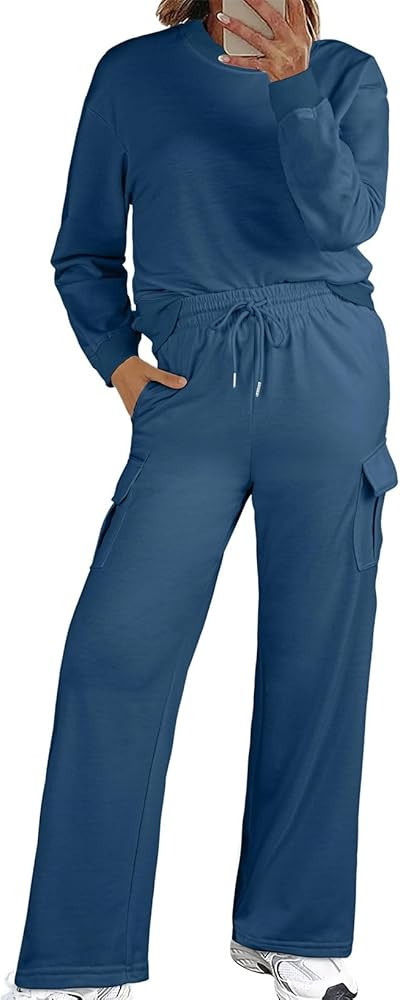 Aleumdr Women 2 Piece Outfits Mock Neck Pullover Tops Wide Leg Sweatpants with Cargo Pockets Airp... | Amazon (US)