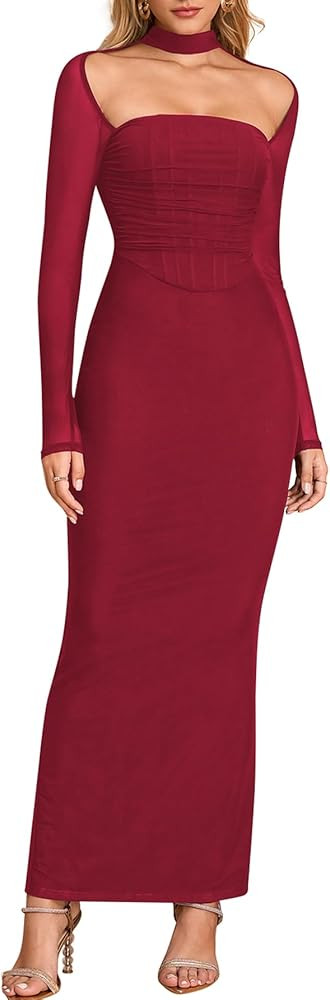 KUTUMAI Fall Long Sleeve Corset Halter Formal Wedding Guest Dresses for Women Elegant Bodycon Ruc... | Amazon (US)