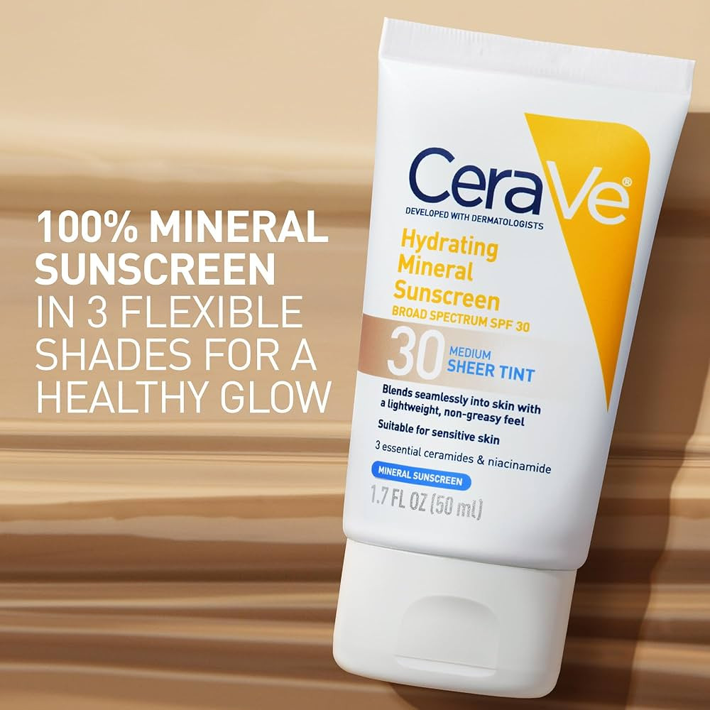 CeraVe Hydrating Mineral Sunscreen SPF 30 with Sheer Tint, Tinted Mineral Sunscreen with Zinc Oxi... | Amazon (US)