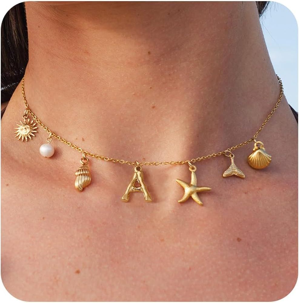 Gold Initial Charm Necklaces for Women Girls, Boho Surfer Beach Letter Necklace 14K Gold Plated A... | Amazon (US)