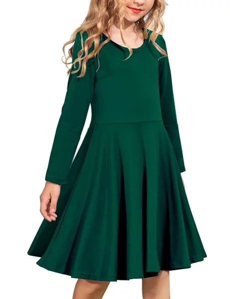 Arshiner Girls Long Sleeve Dress Kid Casual A-Line Twirly Skater Dress Solid Loose Swing Soft Cot... | Walmart (US)