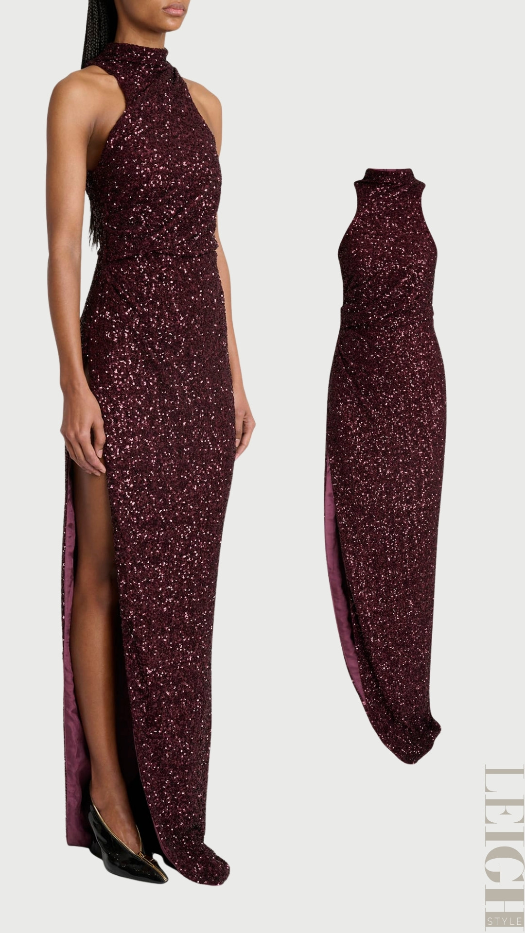Dramatic, powerful, and undeniably glamorous — this Balmain Sequined halter gown is made to command attention. Designed in a rich burgundy hue, the all-over sequins shimmer beautifully with every movement, creating a striking, light-catching effect. 

 #LTKWorkwear #LTKTravel #LTKWedding