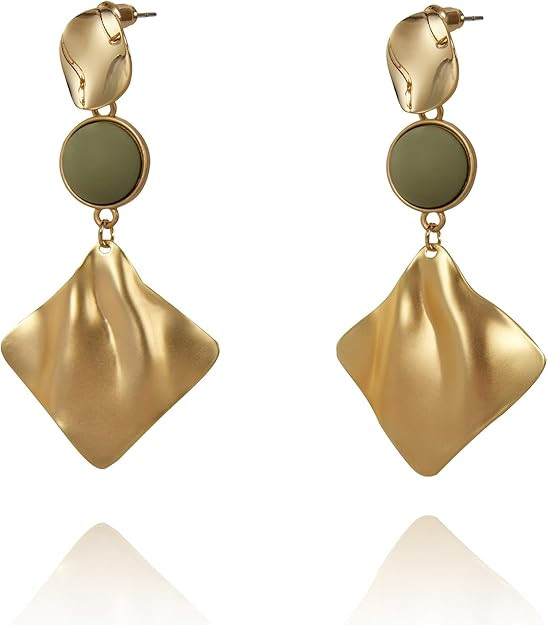 CW 18K gold-plated green long dangle earrings, exaggerated square frosted gold large womens earri... | Amazon (US)