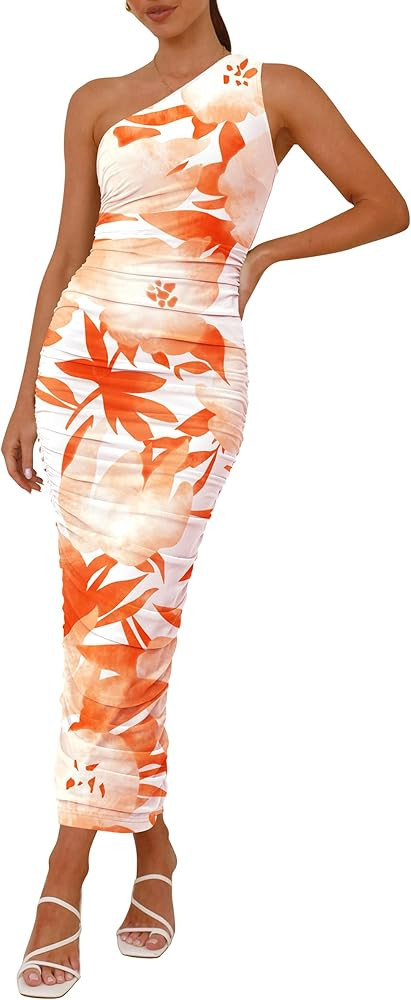 PRETTYGARDEN Women's One Shoulder Bodycon Dresses Summer 2025 Ruched Floral Beach Cocktail Weddin... | Amazon (US)