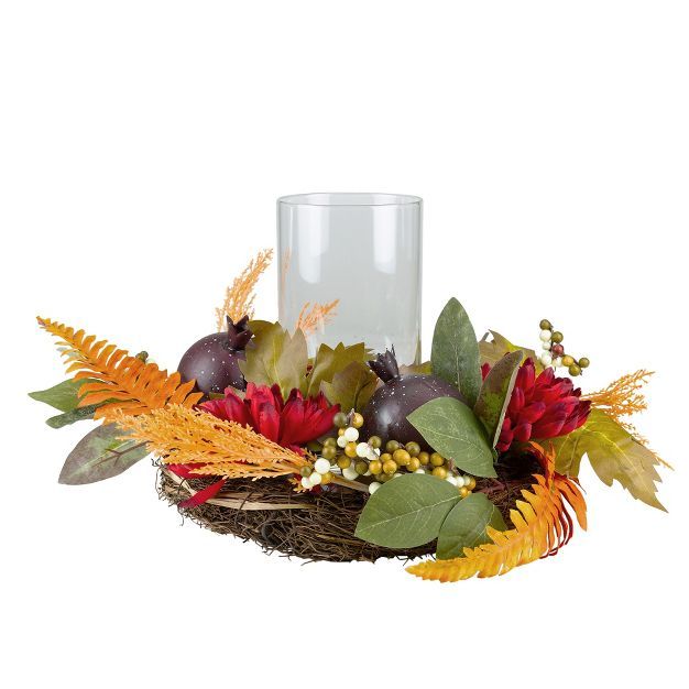 Northlight 22" Mums with Pomegranate Fall Candle Holder Centerpiece | Target