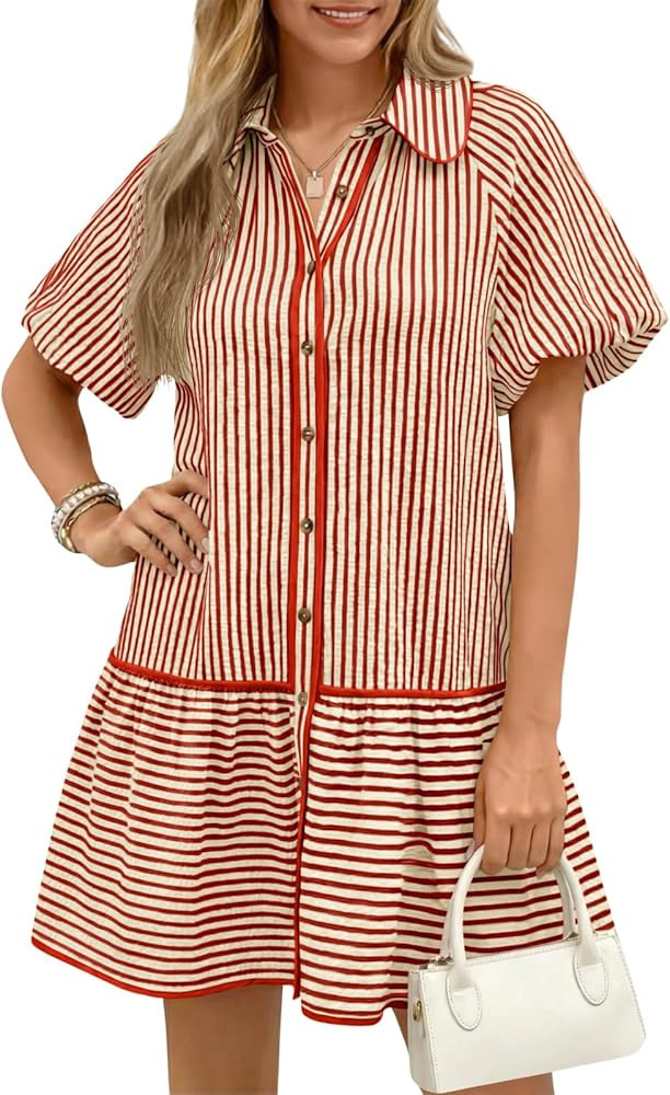 Wenrine Womens Summer Button Down Shirt Dress Casual Striped Puff Short Sleeve Collared Loose Min... | Amazon (US)