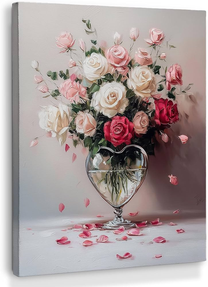 XINCEYWJ Valentine's Day Rose Floral Wall Art Decor, Valentines Floral Canvas Art Prints Framed, ... | Amazon (US)