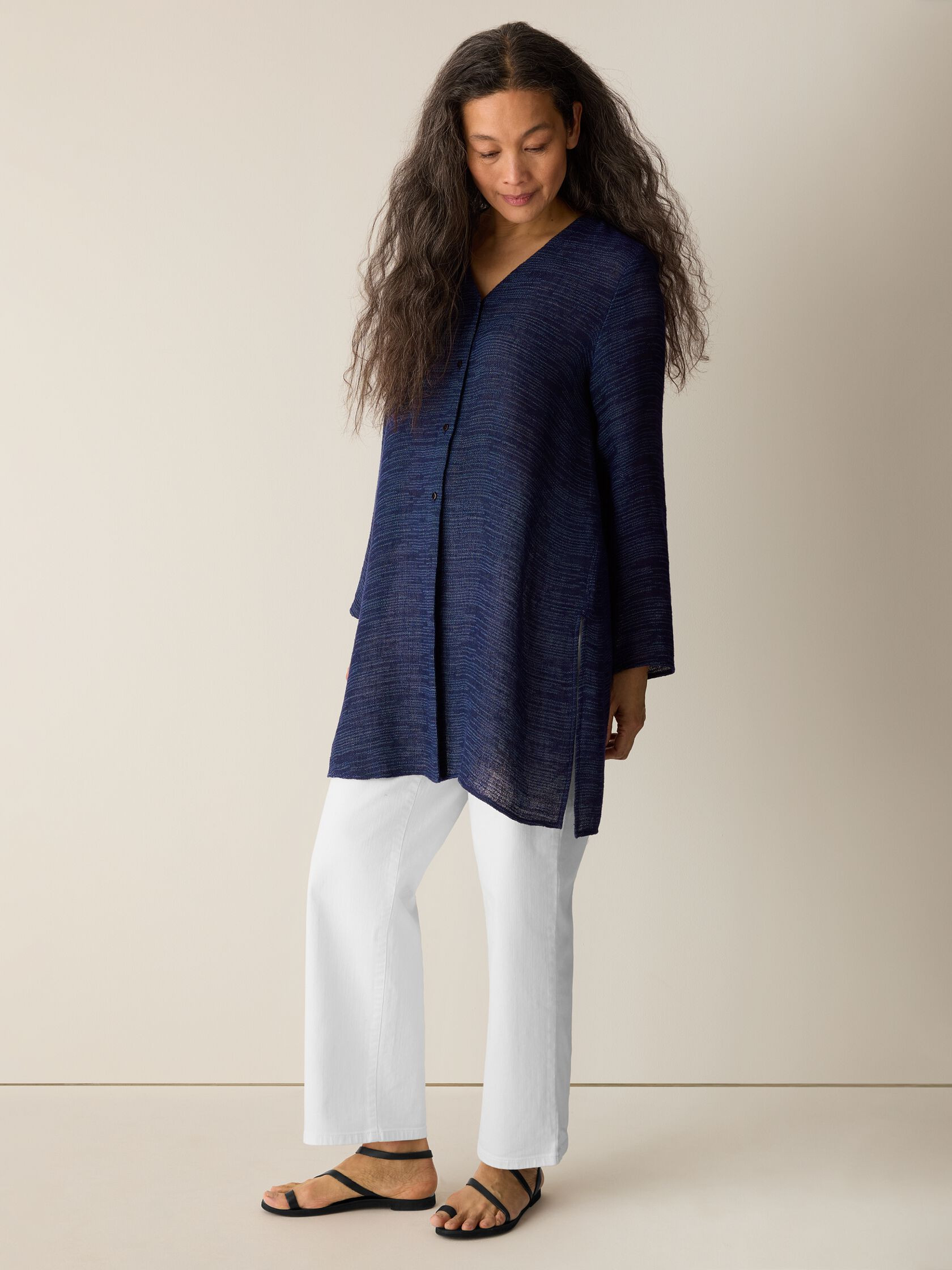 Linen Gauze Strata V-Neck Long Top | Eileen Fisher