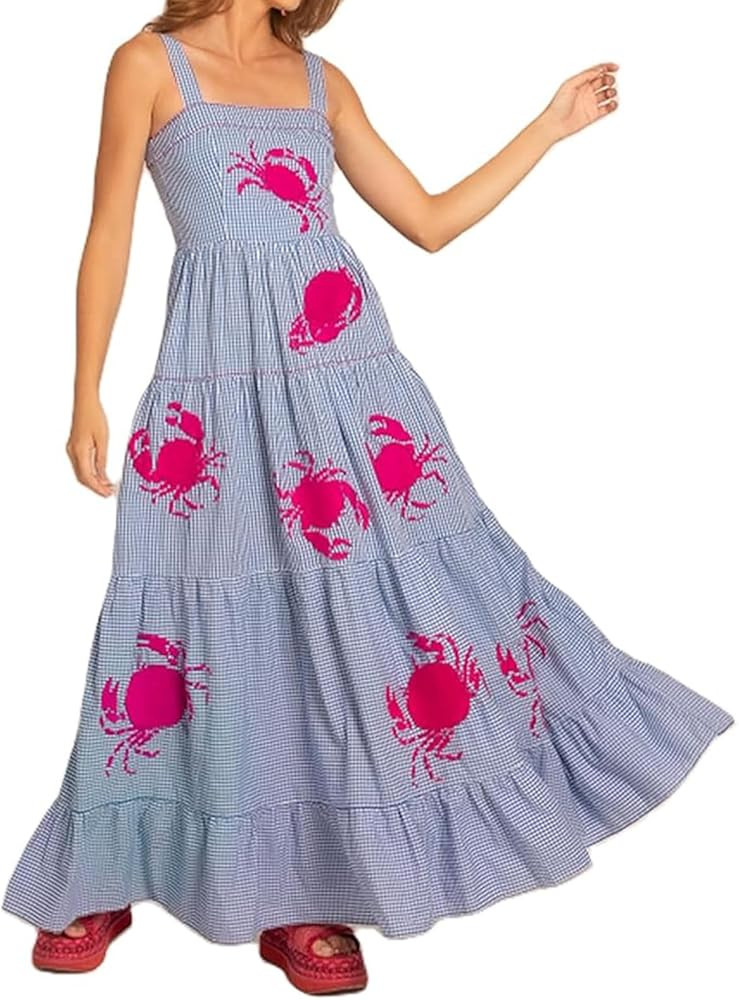 Women Embroidered Maxi Dress Sleeveless Smocked Flowy Sundress Boho Summer Long Dresses Beach Voc... | Amazon (US)