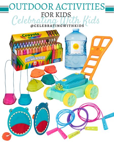 Outdoor kids toys include bubbles, bubble mower, sidewalk chalk, jumping rope, toys steppers, and toss and catch game.

Kids toys, outdoor toys, spring toys, summer toys, activities for kids, kids activities 

#LTKSeasonal #LTKunder50 #LTKkids