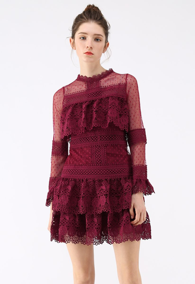 Sweet Destiny Tiered Crochet Mesh Dress in Wine | Chicwish