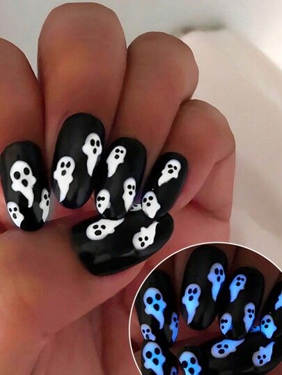 24pcs Halloween Glowing Short Almond-Shaped Press-On Nail Set, Ghost, Devil, Bat, Luminescent Ali... | SHEIN