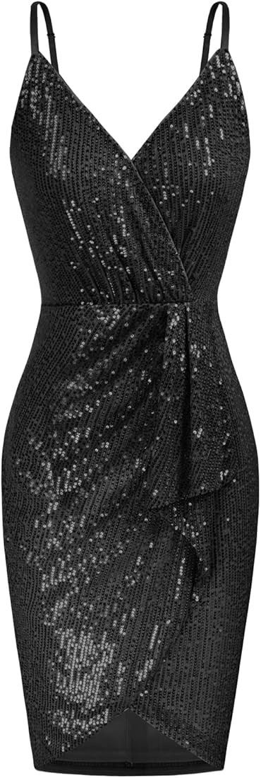 GRACE KARIN Women's Sexy Sequin Dress Wrap V-Neck Ruched Bodycon Spaghetti Straps Cocktail Party ... | Amazon (US)