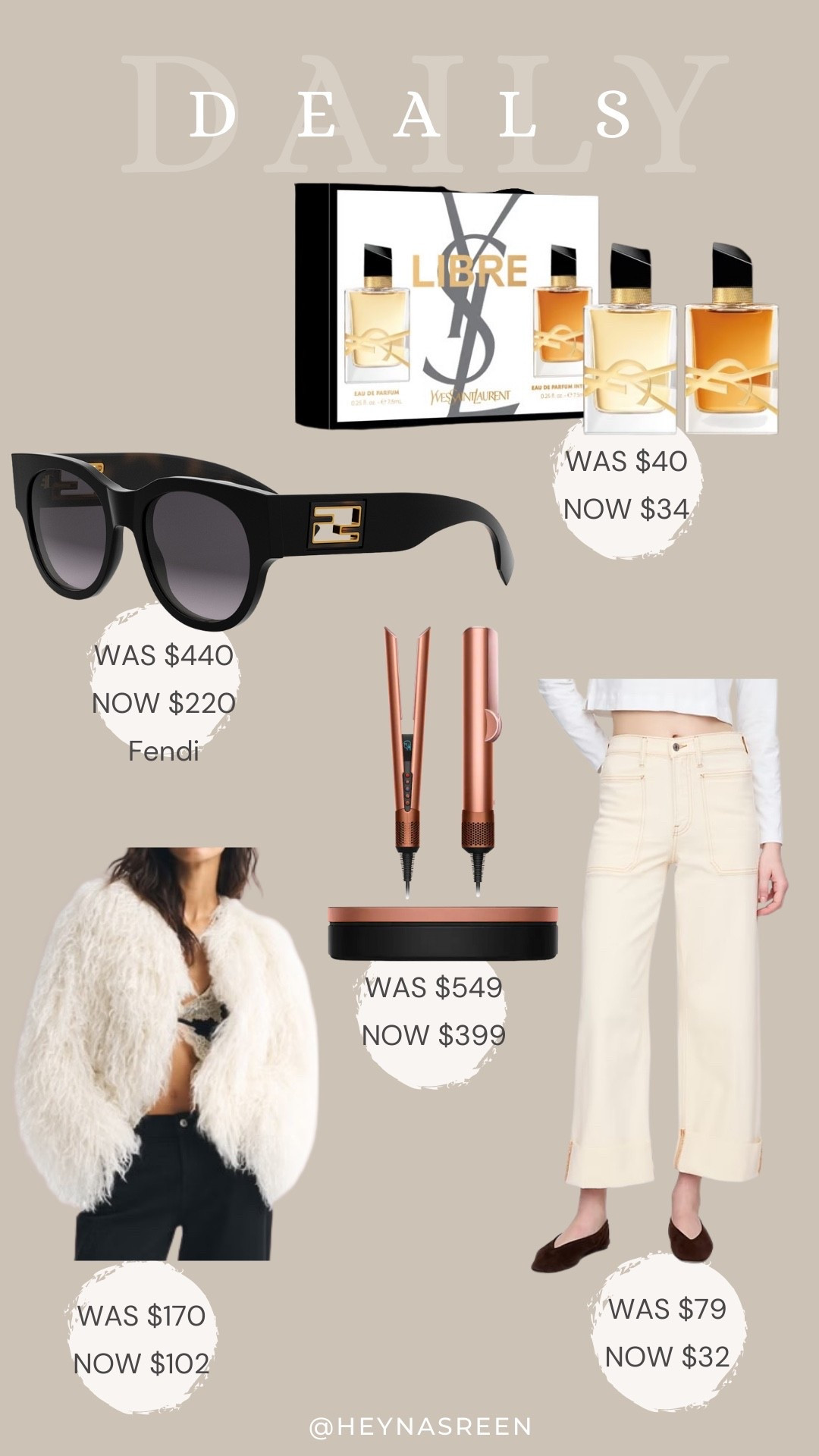 Daily deals on Fendi sunglasses, YSL perfume set, Dyson hair straightener, Gap jeans, Abercrombie faux fur coat 