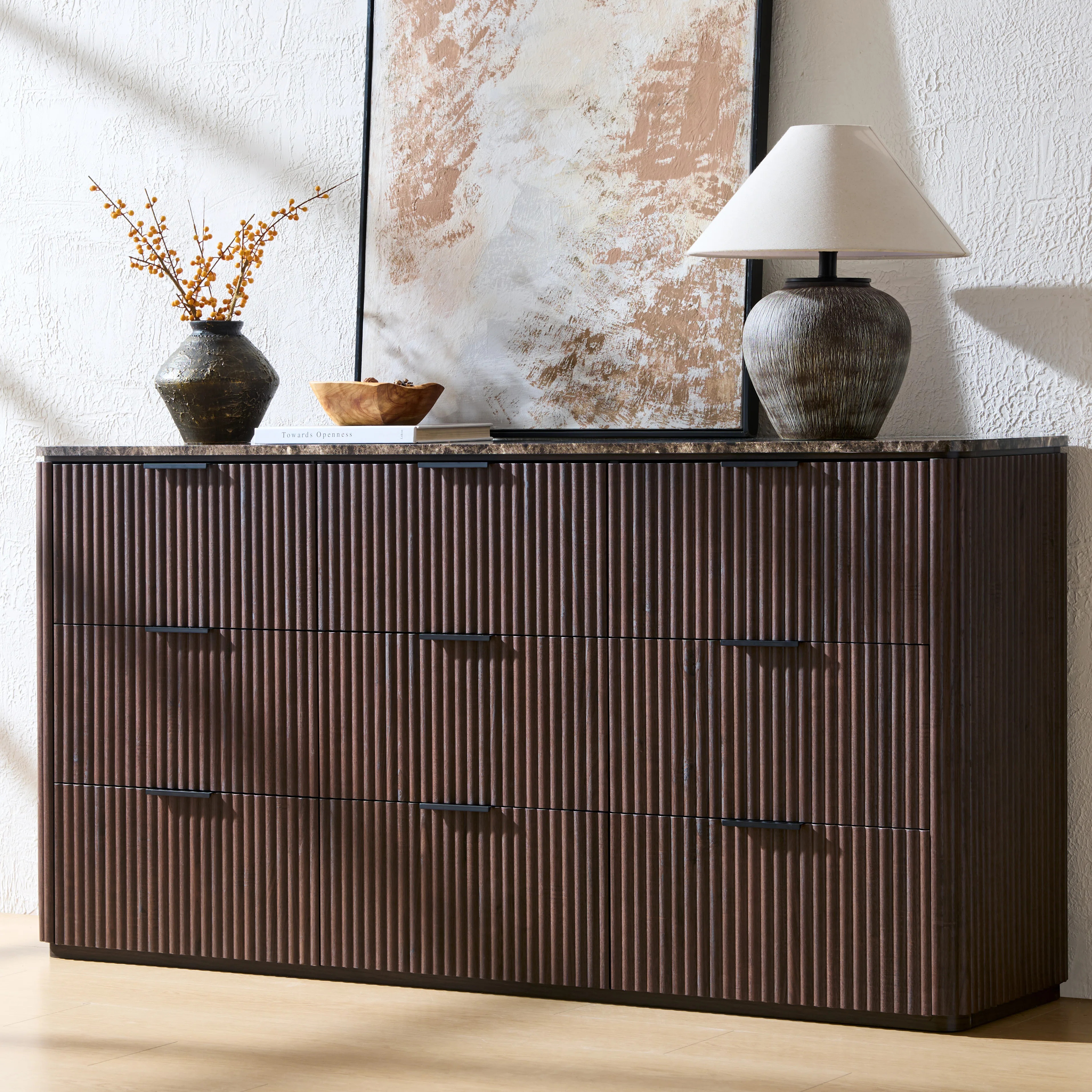 63" W Fluted 9-drawer Dresser, 1.97"-Thick Panels Wood Chest  with Faux Marble Top and Sturdy Bas... | Wayfair North America