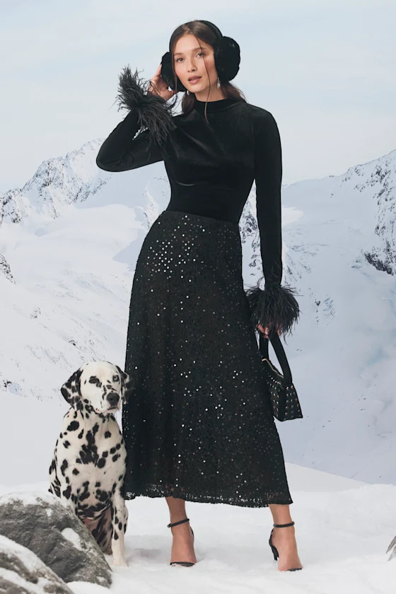 Isabelle Black Lace Sequin High-Rise Maxi Skirt | Lulus