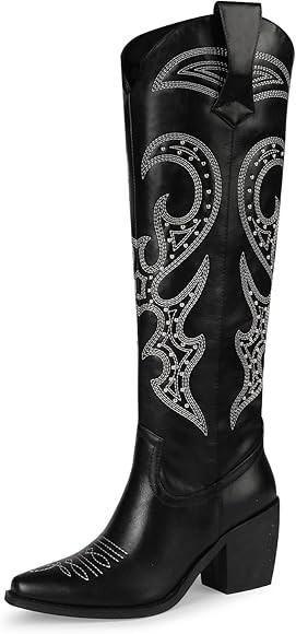 wetkiss Knee High Cowboy Cowgirl Boots for Women, with Unique Embroidery, Side Zipper and Chunky ... | Amazon (US)