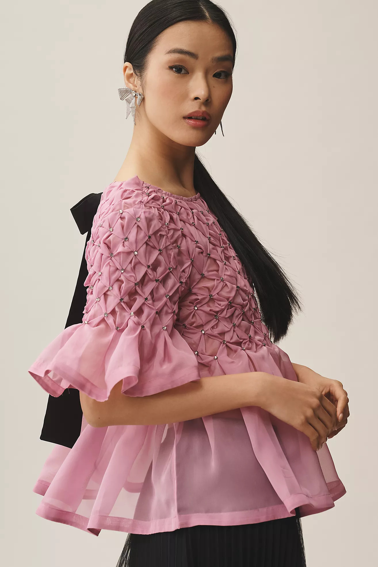 Maeve Short-Sleeve Rhinestone Sheer Babydoll Blouse | Anthropologie (US)