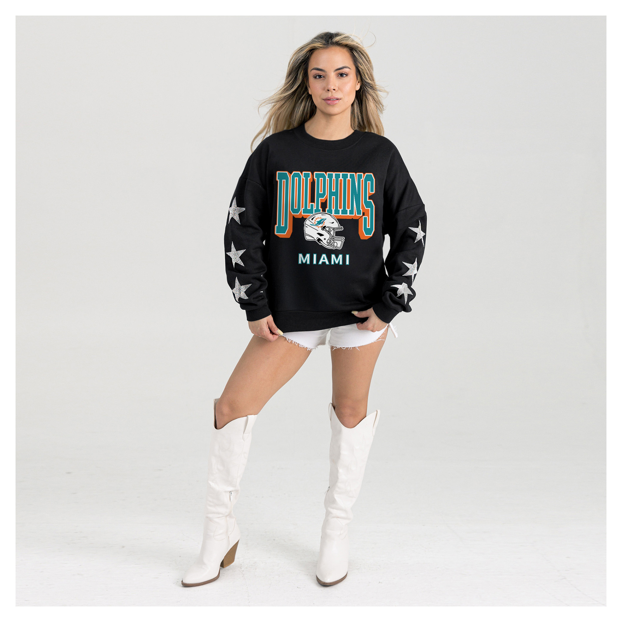 Women's Gameday Couture Black Miami Dolphins Pure Victory Rhinestud Star-Sleeve Pullover Sweatshirt | Fanatics