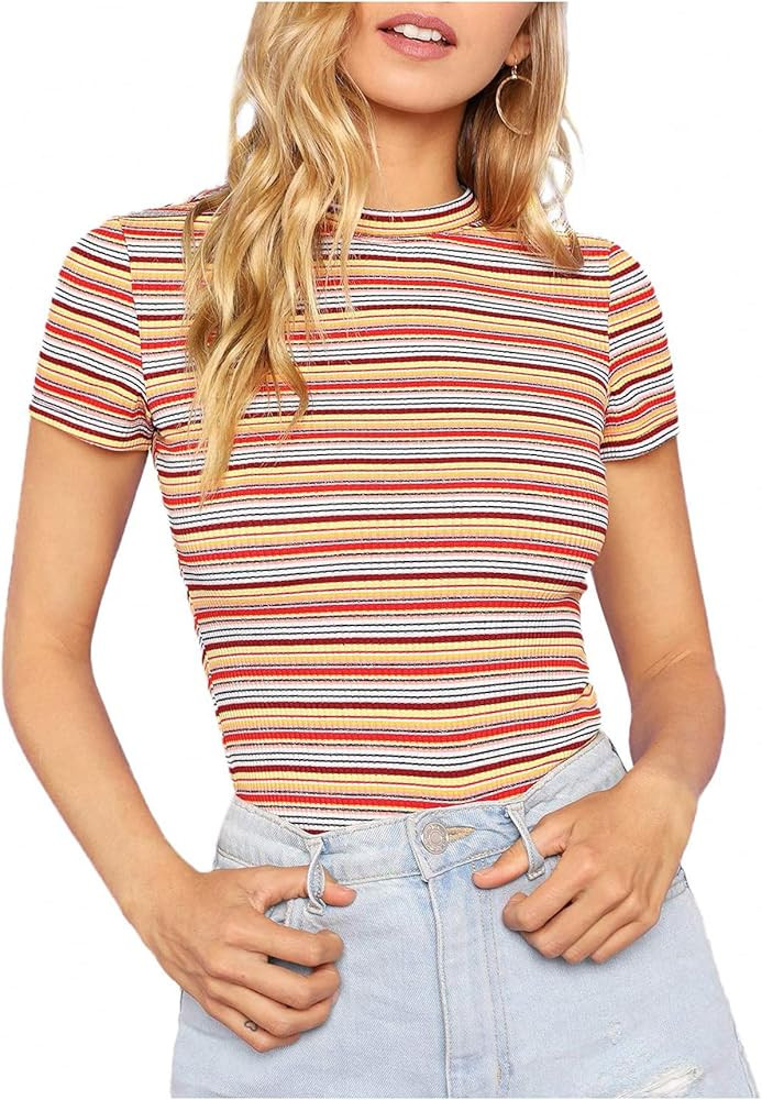 Milumia Women's Casual Multi Striped Ribbed Short Sleeve Solid Tee Knit Top | Amazon (US)