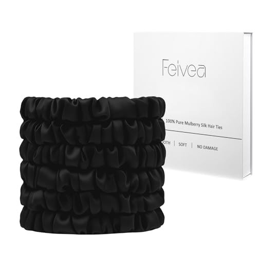 Feivea Silk Hair Ties 6Pcs, 22 Momme Pure 100% Mulberry Silk Scrunchies for Women, No Damage Silk Scrunchies for Hair, Black | Amazon (US)