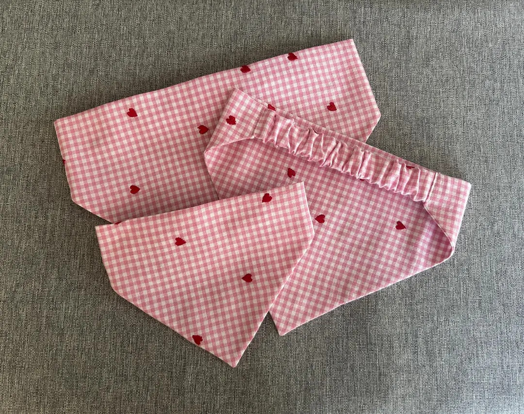 Pink Gingham With Embroidered Hearts, Valentine's Day Scrunchie Dog Bandana, Heart Day Pet Access... | Etsy (US)