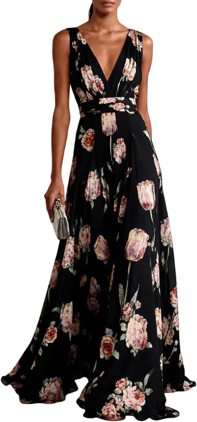 Floral Chiffon Dresses for Women 2026 Halter Sleeveless Wedding Guest Maxi Dress for Print High N... | Amazon (US)