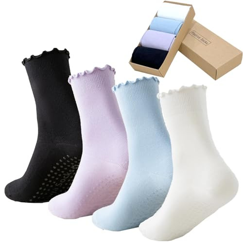 ANIDL 4 Pairs Ruffle Yoga Socks for Women,Cute Frilly Non-Slip Grips Socks for Pilates,Fitness,Hospital,Pregnant (Cotton, Color-02-Black purple blue white) | Amazon (US)