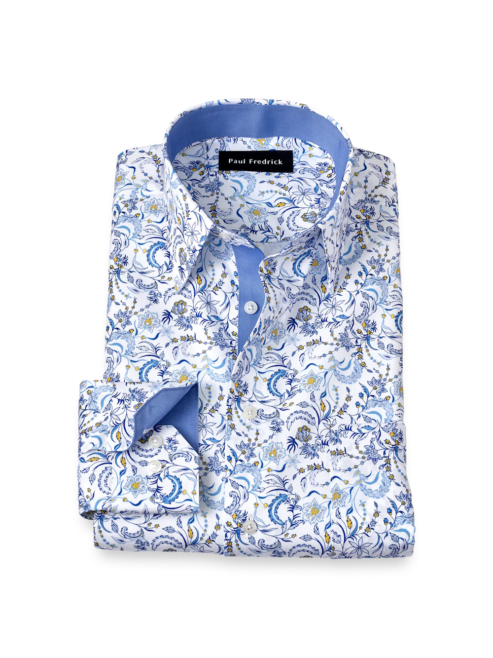 Non-Iron Cotton Floral Dress Shirt With Contrast Trim - White/blue | Paul Fredrick MenStyle