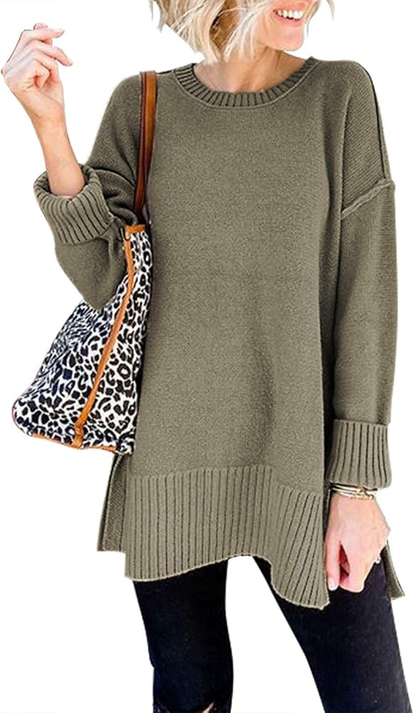 MEROKEETY Women's Casual Crew Neck Side Split Pullover Sweater Loose Long Sleeve Jumper Top | Amazon (US)