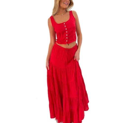 Women 2 Piece Skirt Set Summer Outfits Puff Sleeve Tie-up Front Crop Top+Long Maxi Skirt Cottage Vacation Beachwear | Amazon (US)