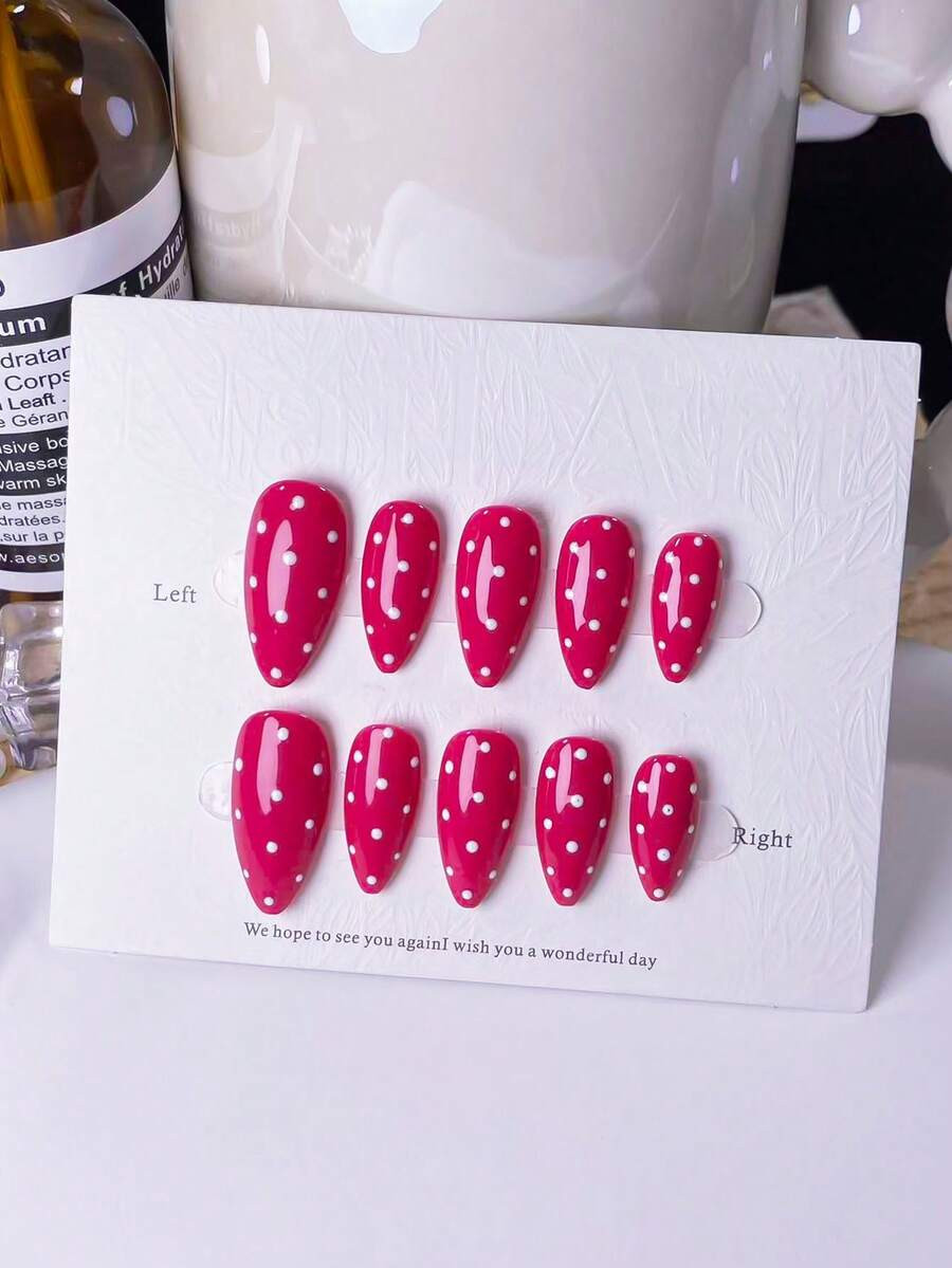 10pcs Handmade Almond-Shaped Pink & White Polka Dot Stylish & Cute Elegant False Nails | SHEIN
