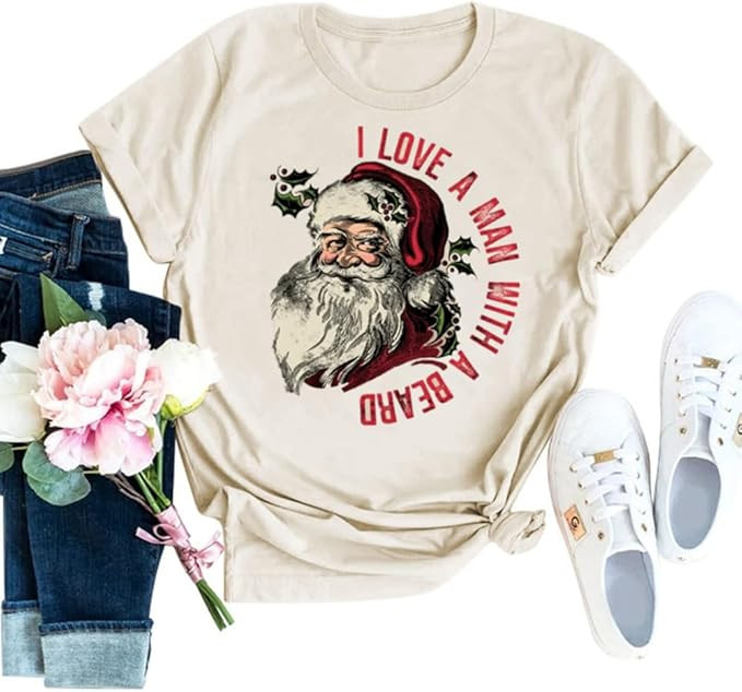 Christmas Shirts for Women Merry Christmas Santa Claus Funny Hoilday Print T-Shirts Graphic Tee T... | Amazon (US)