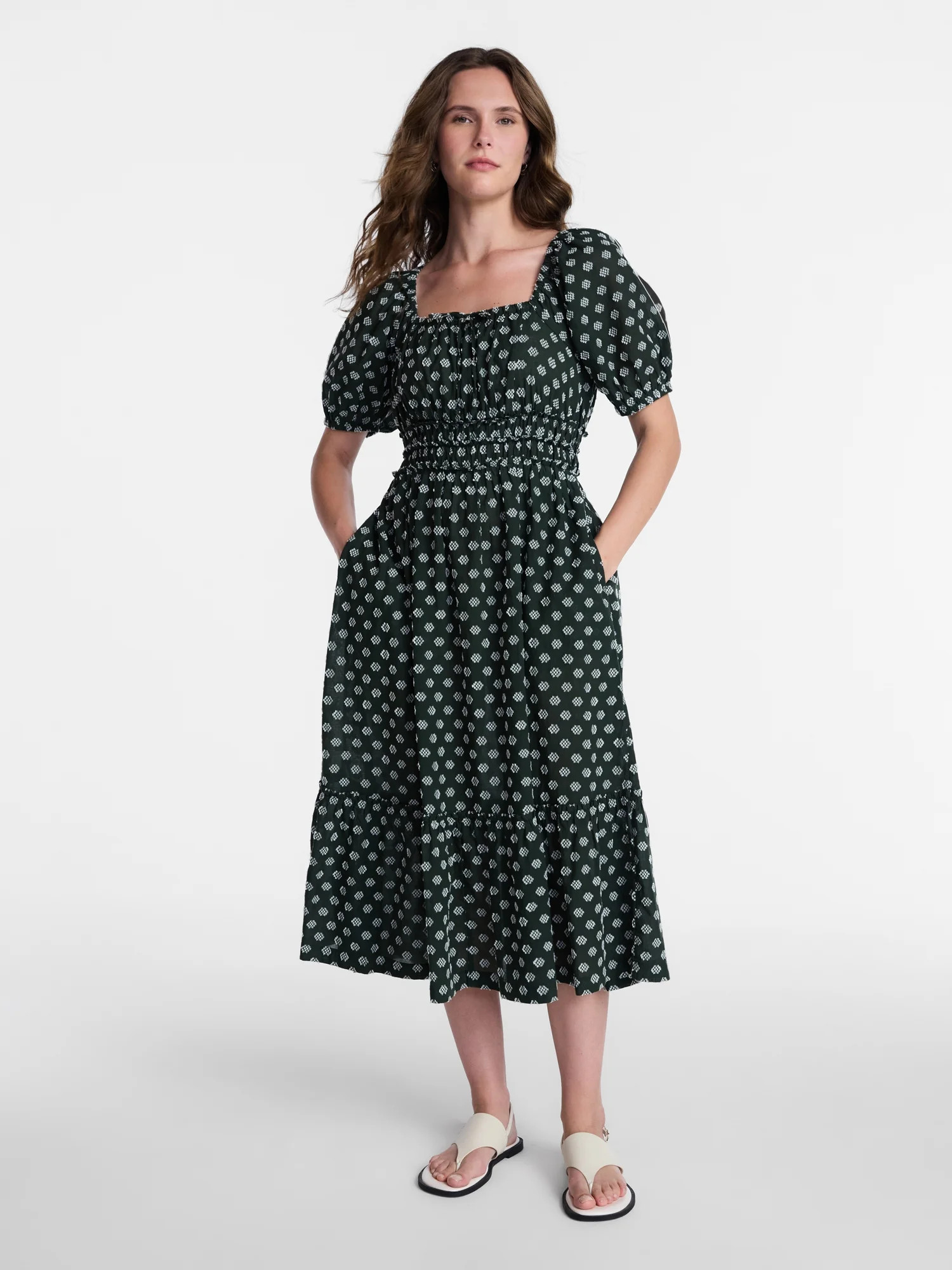 Time and Tru Women's Puff Sleeve Square Neck Midi Dress, Sizes XS-XXXL | Walmart (US)