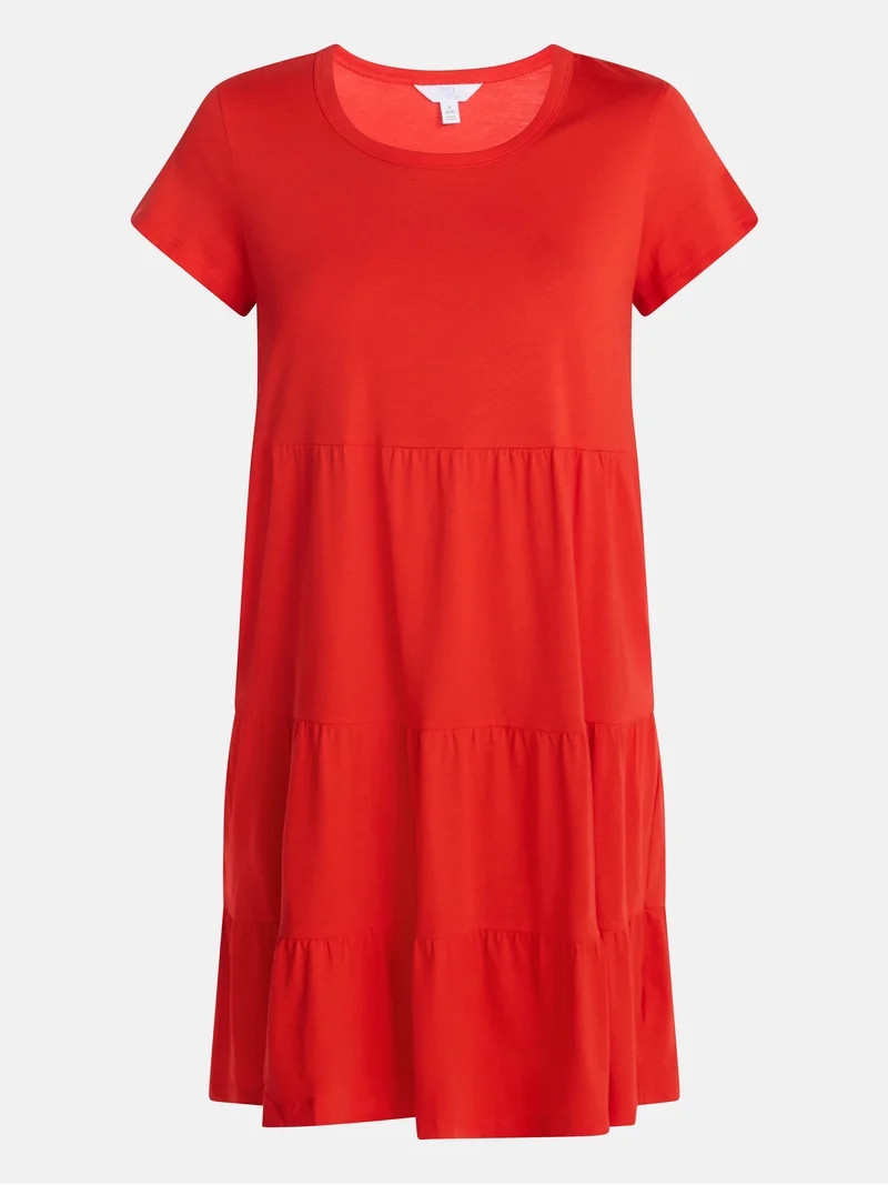 Time and Tru Women's Tiered Cotton Mini Dress with Short Sleeves, Sizes XS-XXXL | Walmart (US)