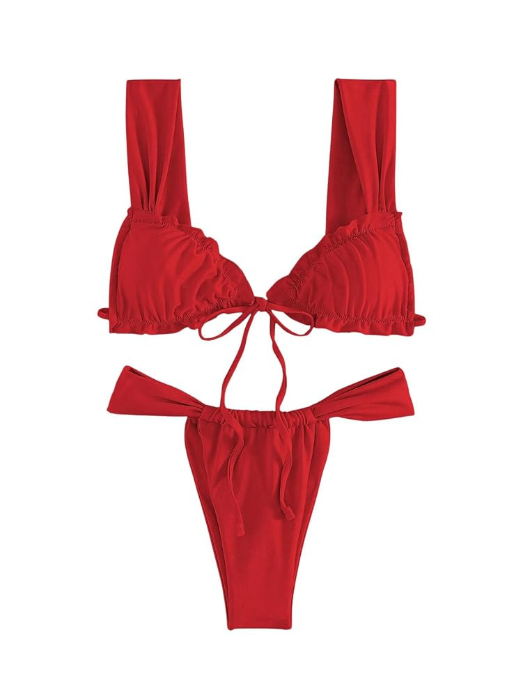 Women's Two Piece Swimsuits Frill Trim Tie Front Bathing Suit Wide Straps High Cut Sleeveless Bik... | Amazon (US)