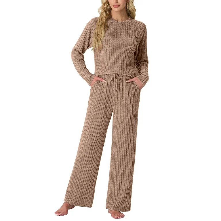 MINTREUS Women's Pajama Set Long Sleeve Lounge Set Ribbed knit Sleepwear Two Piece Pjs Set with P... | Walmart (US)